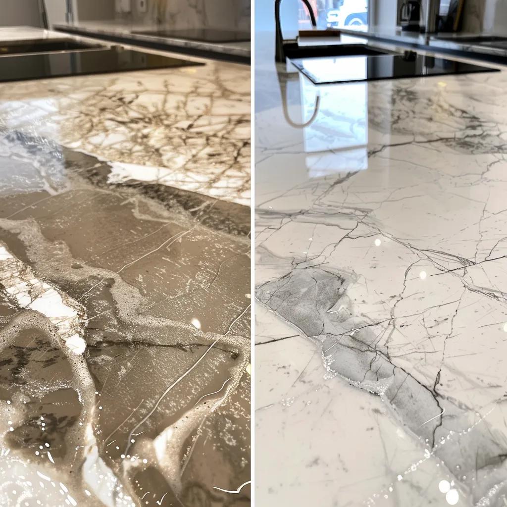 Before and after comparison of marble surface showing etch removal and sealing results