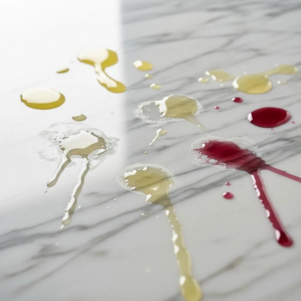 Acidic substances causing etching on a marble surface, highlighting the need for protection