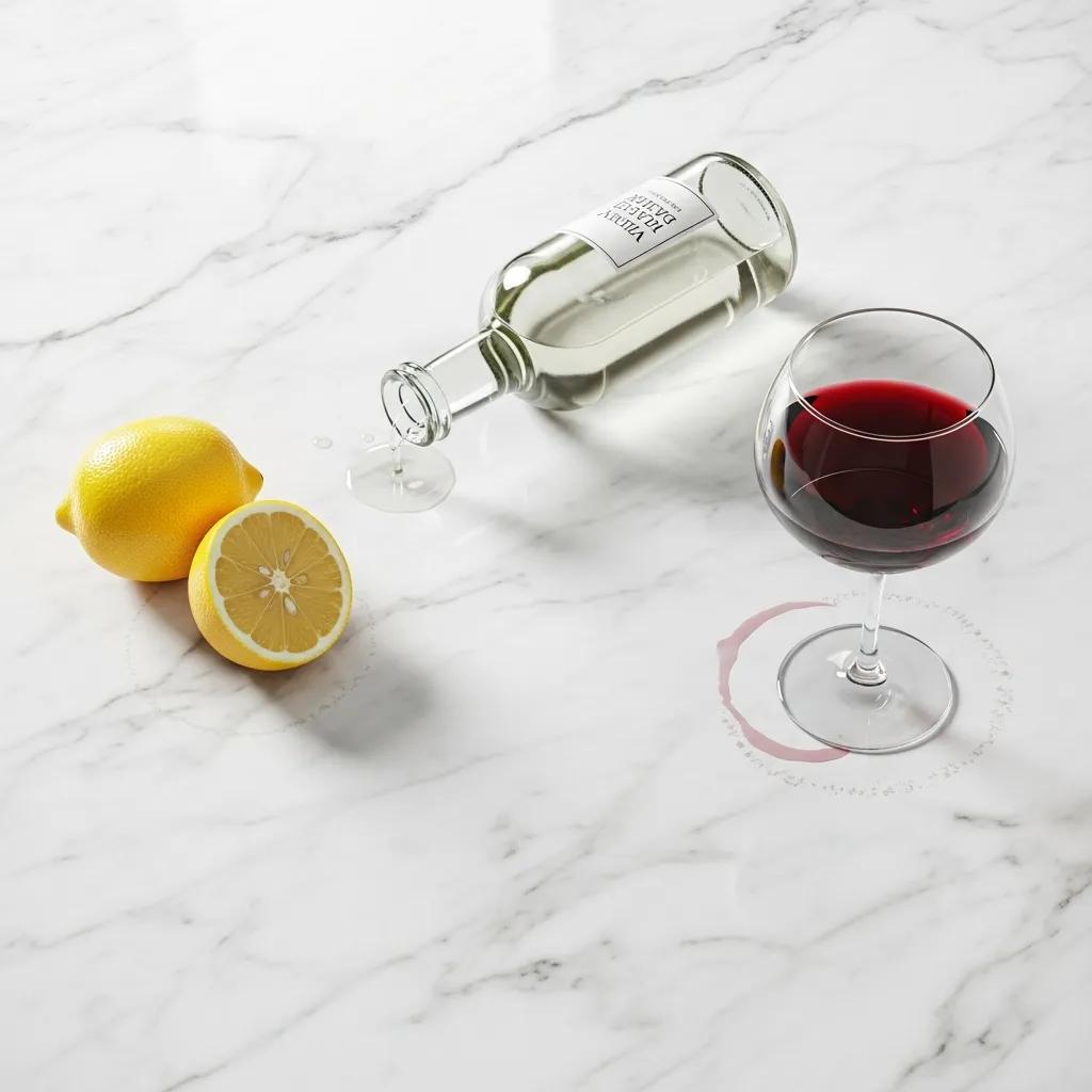 Acidic substances like lemon and vinegar on marble, illustrating etching risks