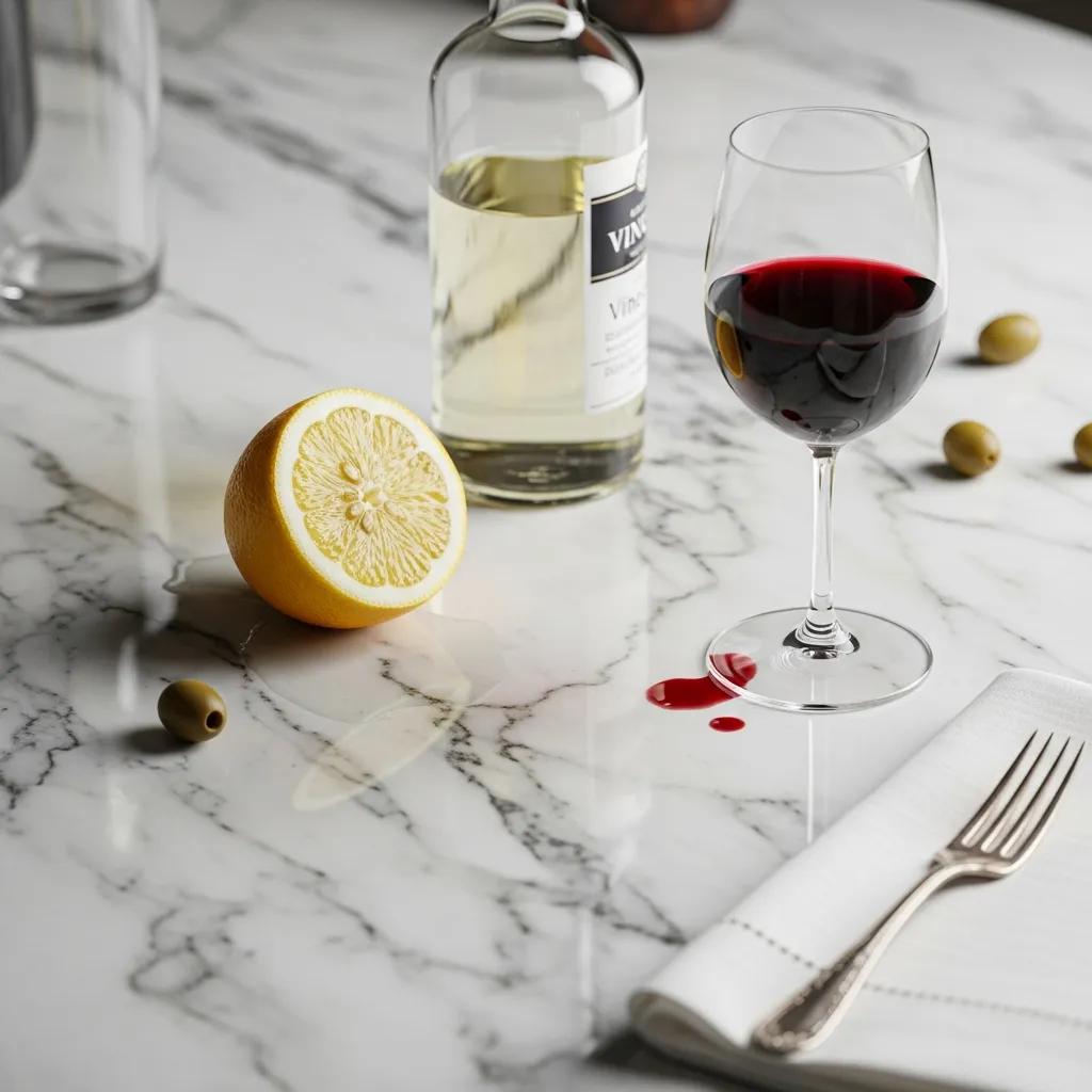 Acidic substances like lemon, vinegar, and wine on a marble surface, illustrating marble damage risks