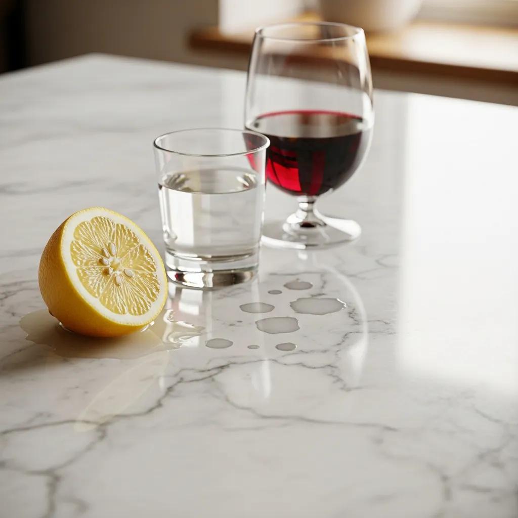 Acidic substances next to a marble surface showing etching damage, illustrating causes of marble etching