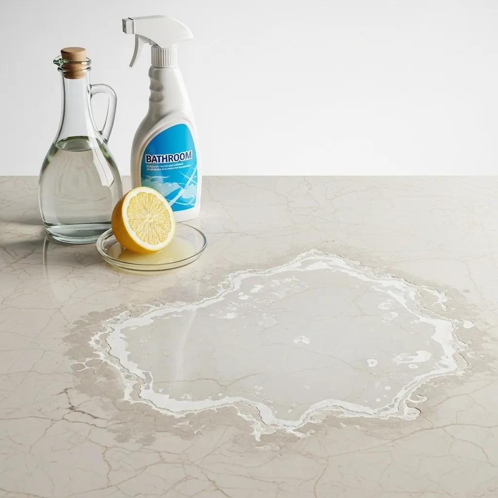 Acidic substances next to an etched marble surface highlighting damage risks