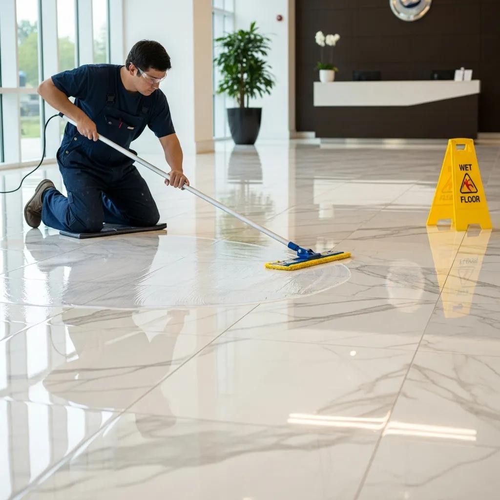 Application of sealant on marble floor in NYC commercial building