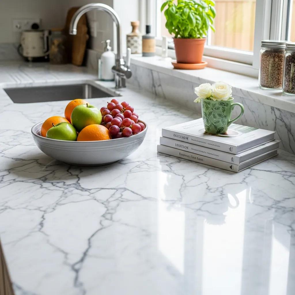 Beautifully maintained marble countertop in a modern kitchen, showcasing anti-etch sealing benefits