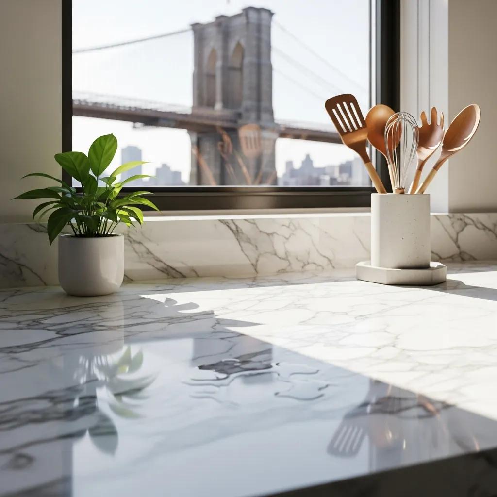 Beautifully maintained marble countertop in DUMBO Brooklyn, showcasing the importance of anti-etch sealing for stone protection