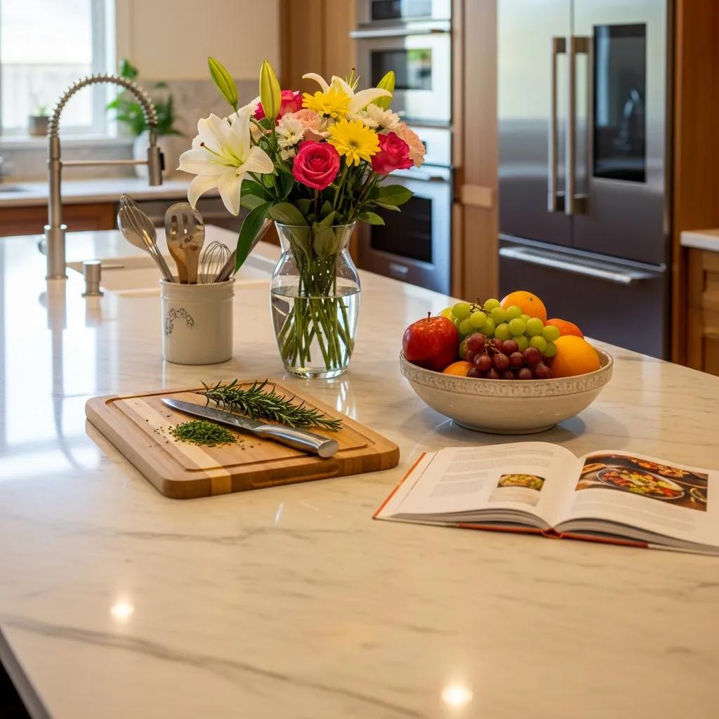 Beautifully sealed marble countertop in a bright kitchen, showcasing its shine and condition
