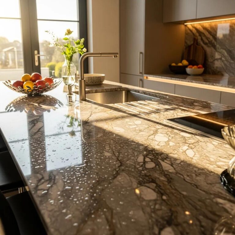 Beautifully sealed natural stone countertop in a modern kitchen, showcasing anti-etch sealing benefits