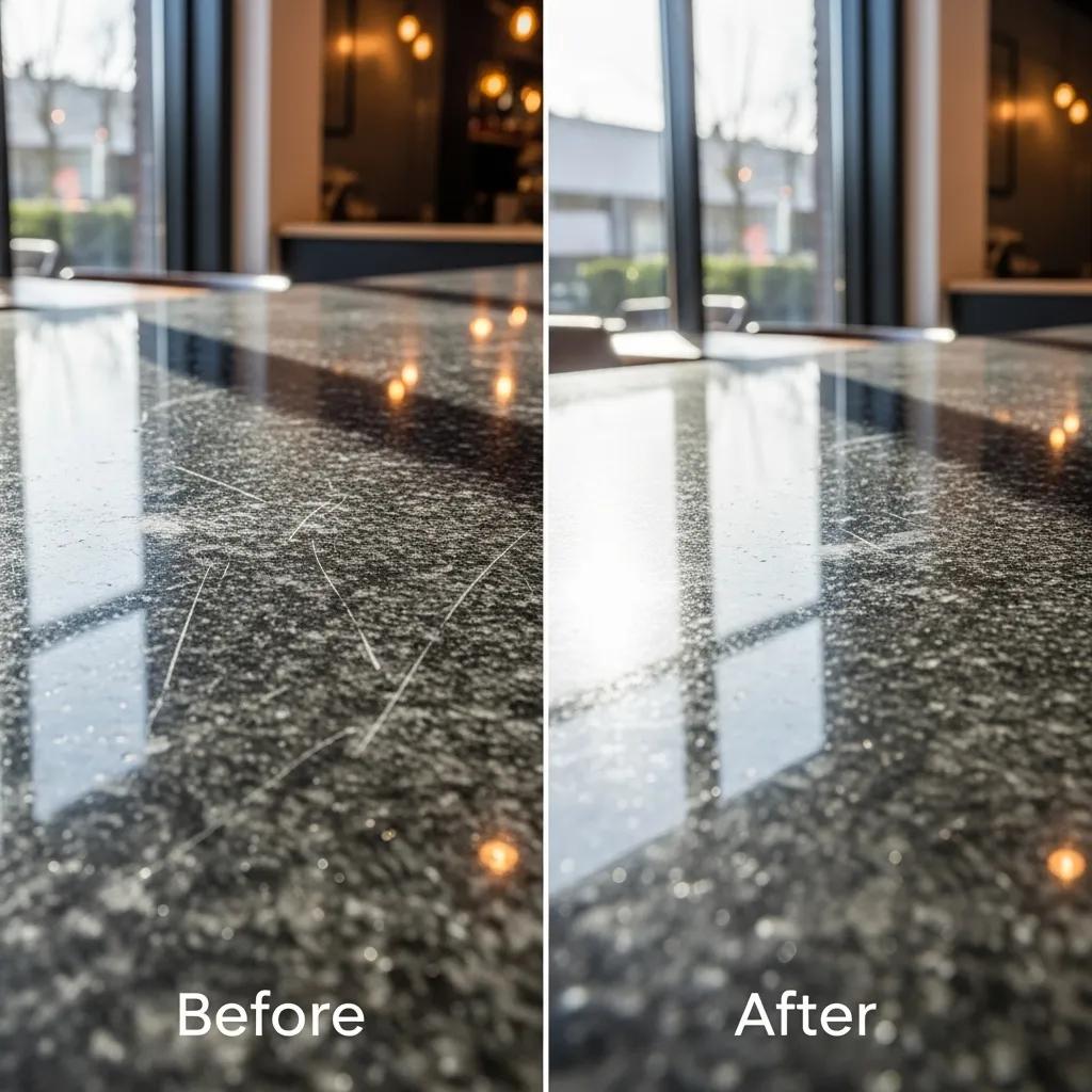Before-and-after comparison of a polished granite countertop in a commercial setting