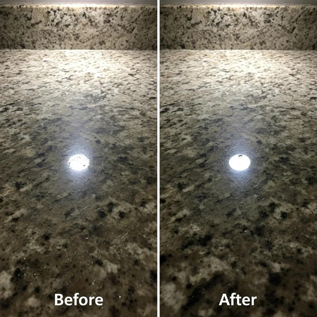 Before-and-after comparison of granite polishing benefits showcasing restored shine