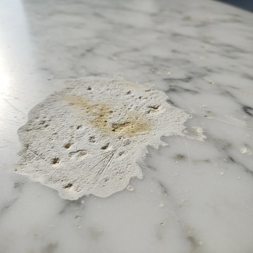 Close-up of a marble surface with visible etching marks illustrating the effects of acidic substances