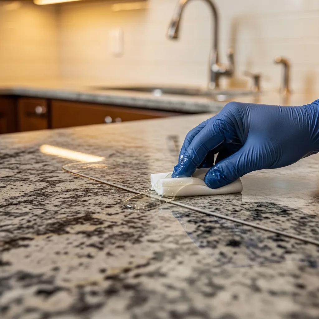 Close-up of a polished granite countertop being sealed, highlighting the glossy finish