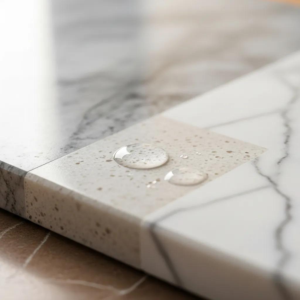 Close-up of a sealed marble surface showing the protective layer against acid etching