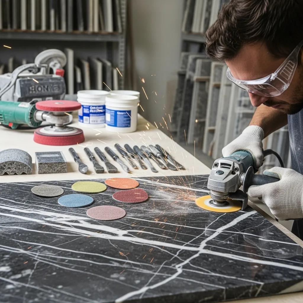 Close-up of a technician grinding marble, illustrating the steps in the marble polishing process