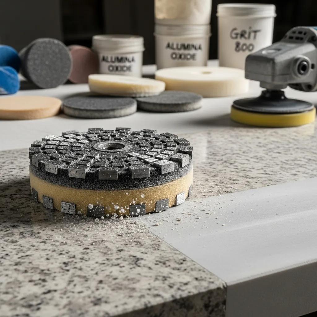 Close-up of diamond grinding pads in action on a stone surface, illustrating the stone honing process with tools and powders in the background
