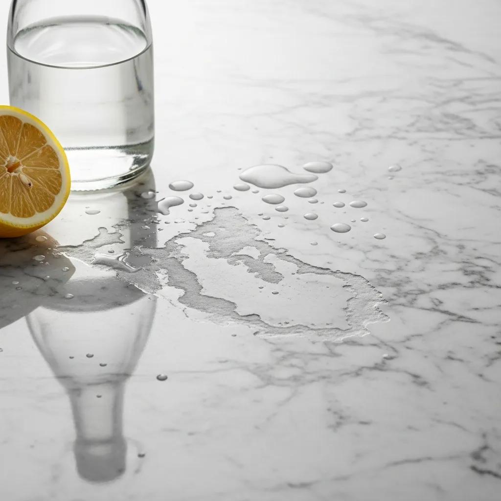 Close-up of etched marble surface with vinegar and lemon illustrating etching causes
