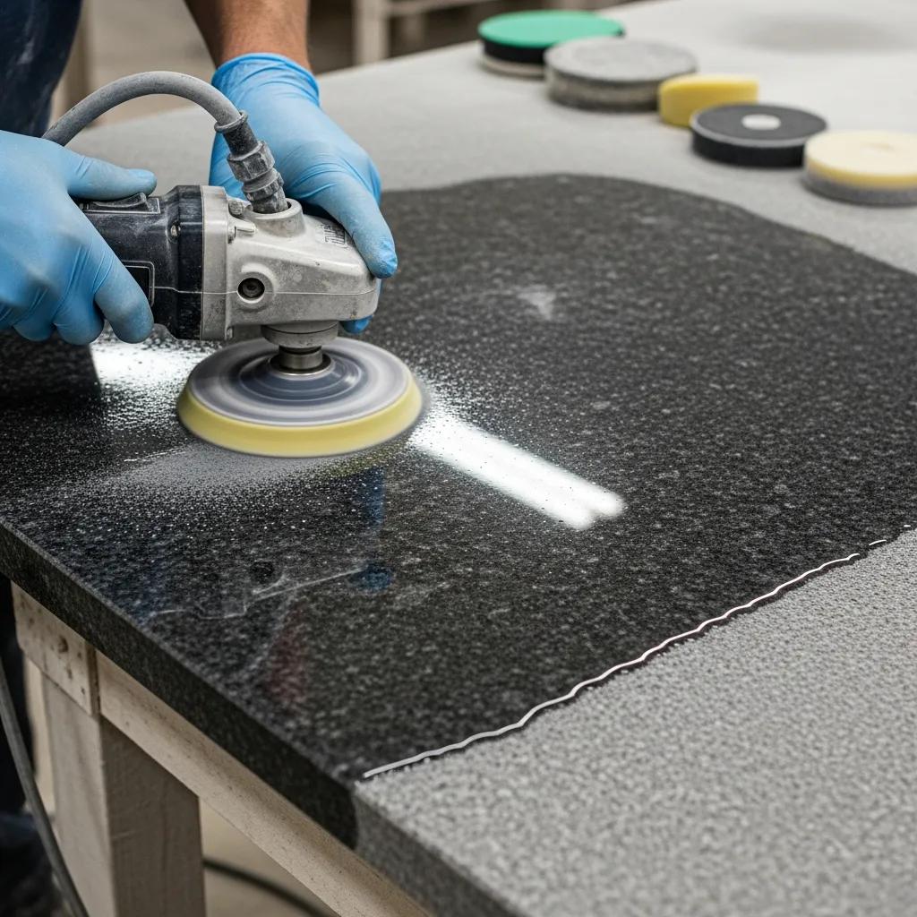 Close-up of granite polishing process with diamond pads, highlighting the glossy finish and restoration techniques