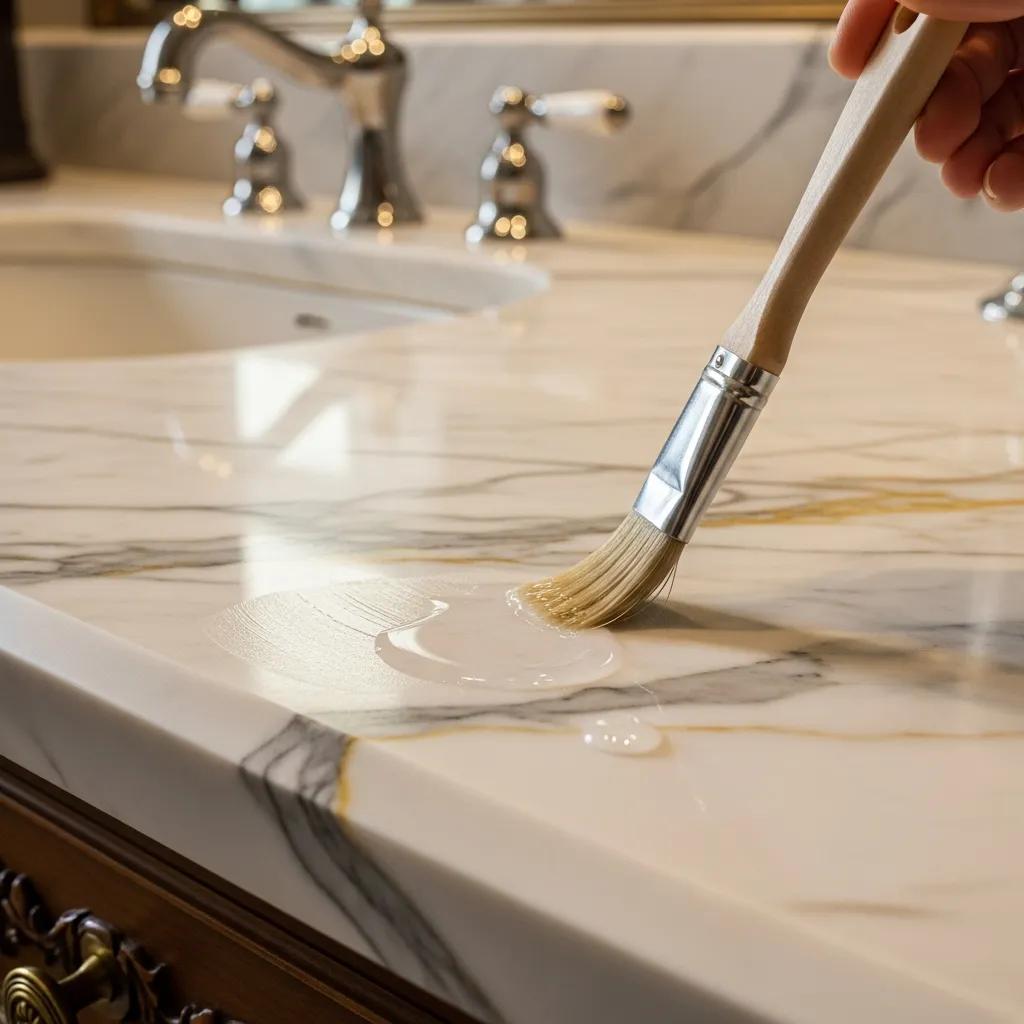 Close-up of luxurious marble surface with protective sealant in upscale residence