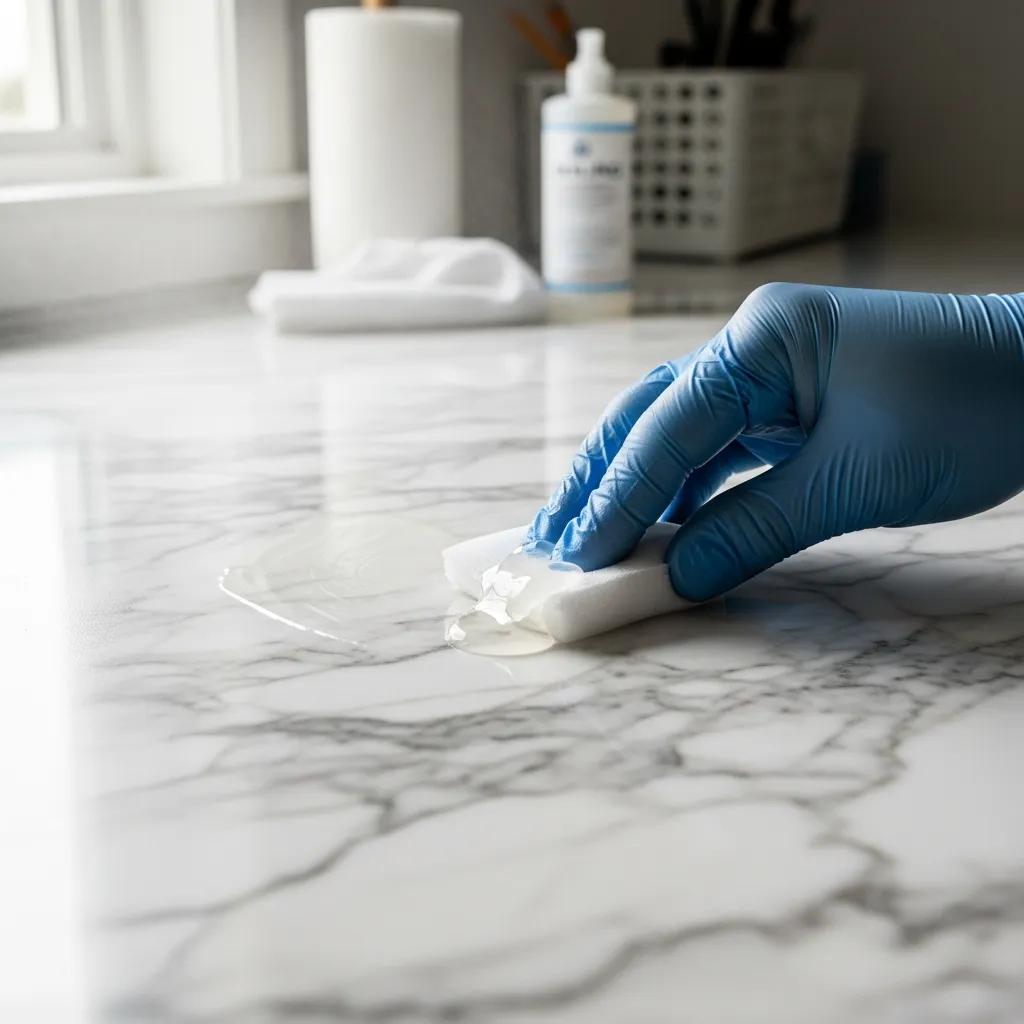 Close-up of marble countertop being sealed, showcasing the sealing process and marble texture