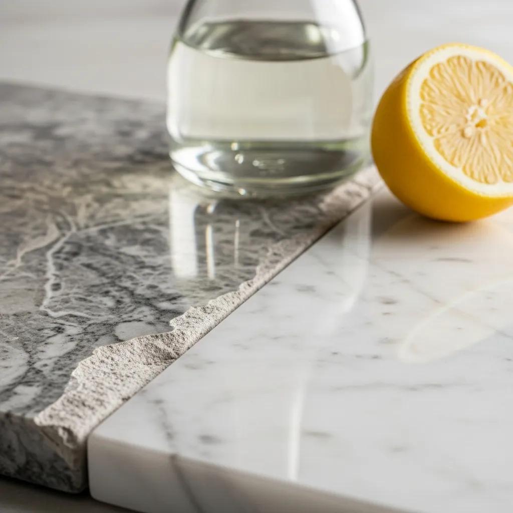 Close-up of marble surface showing etching damage from acidic substances