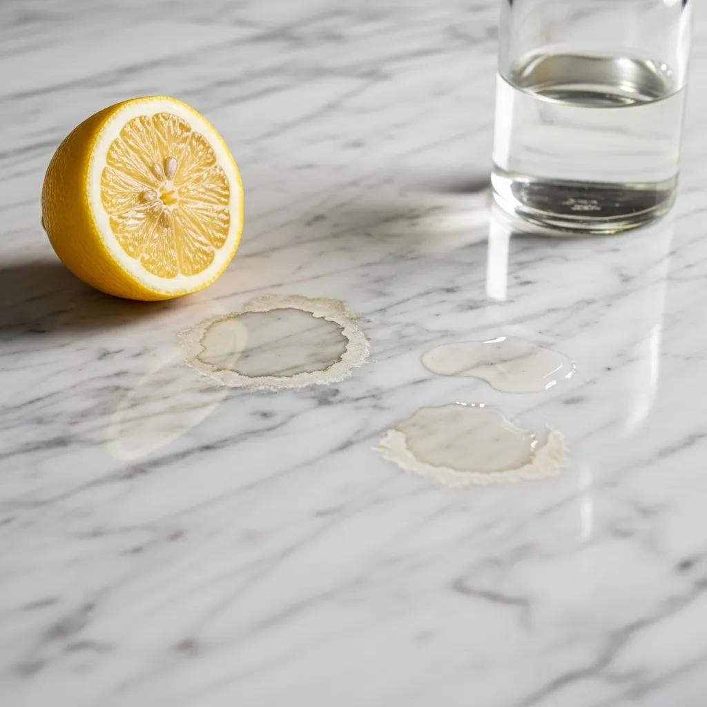 Close-up of marble surface showing etching marks caused by acidic substances