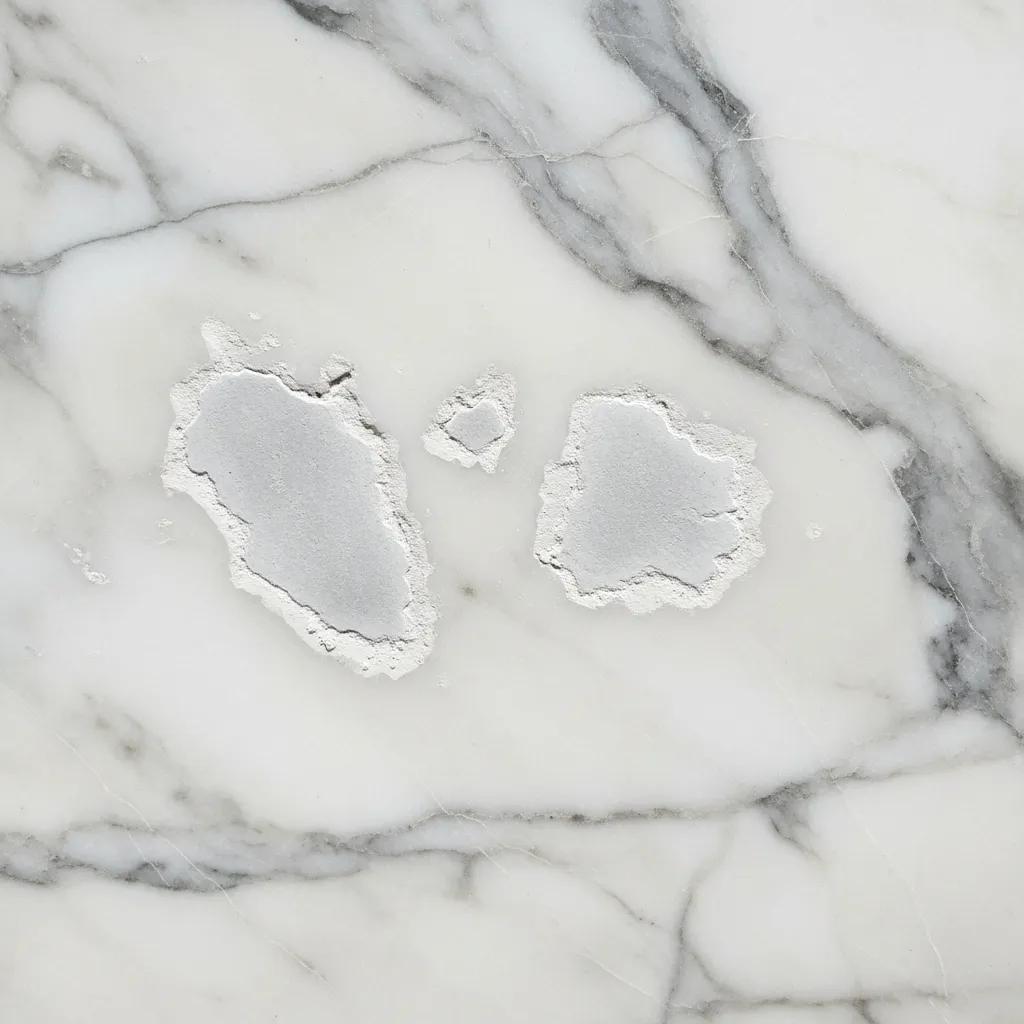 Close-up of marble surface showing signs of etching, including dull spots and roughness