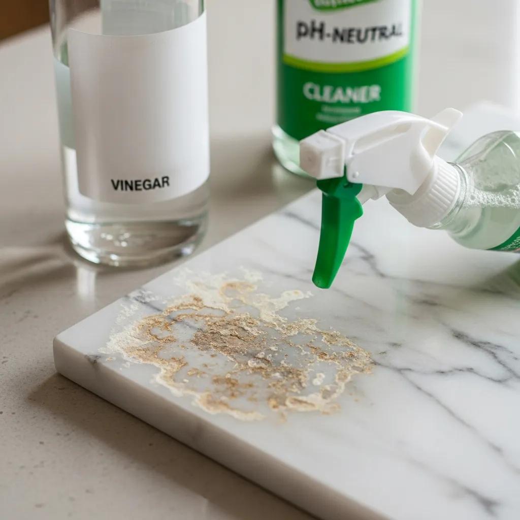Close-up of marble with etch marks and cleaning products, illustrating prevention methods