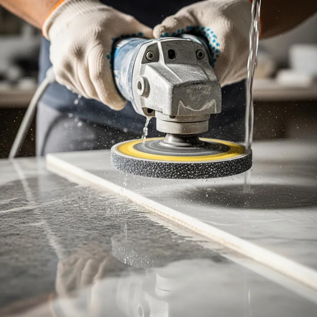 Close-up of the grinding process in marble polishing, showcasing diamond abrasives on a marble surface