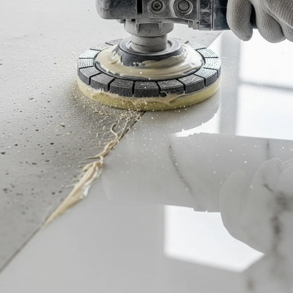 Close-up of the marble polishing process, showcasing tools and the transformation of the surface