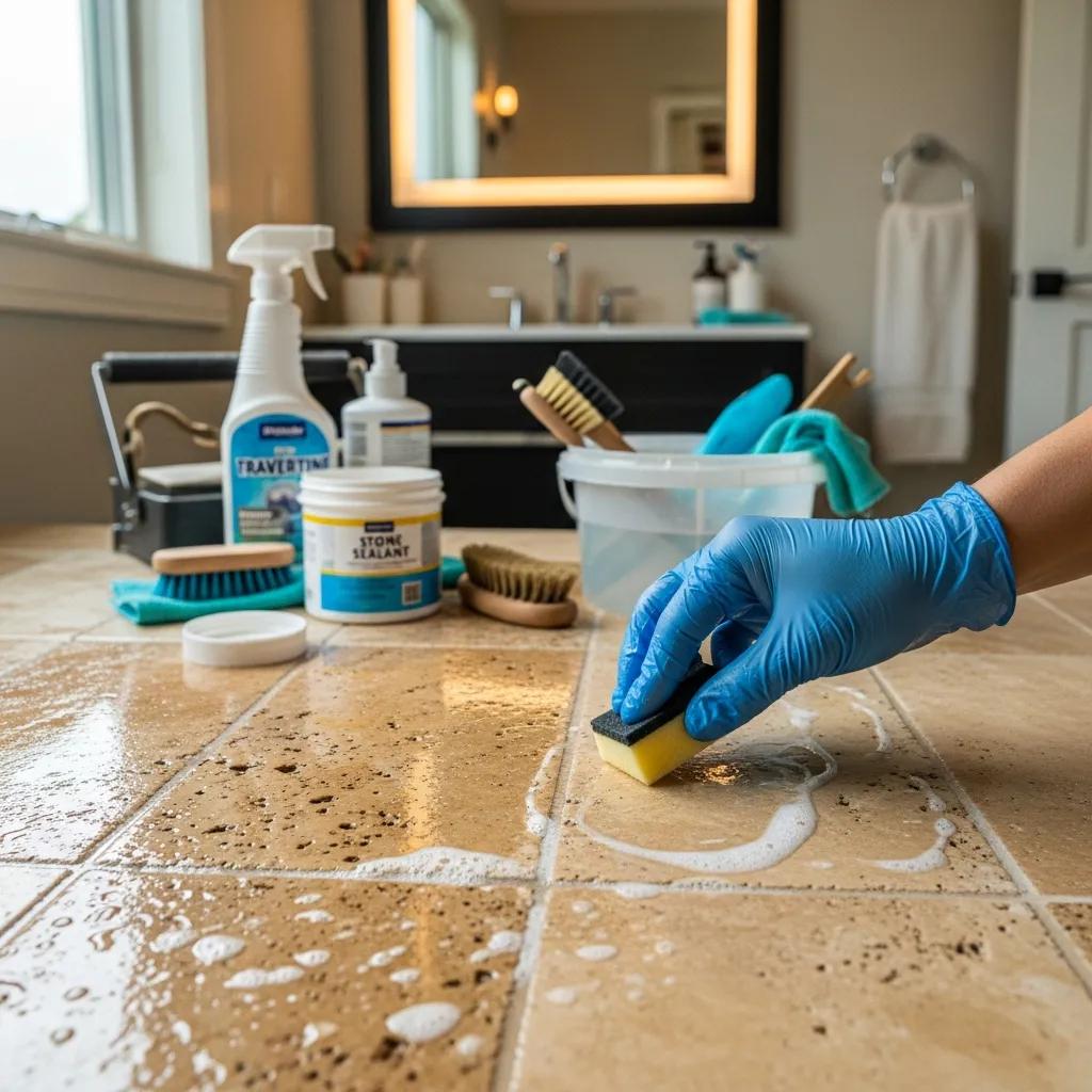 Close-up of travertine tiles being cleaned and sealed in a Brooklyn bathroom, illustrating care requirements
