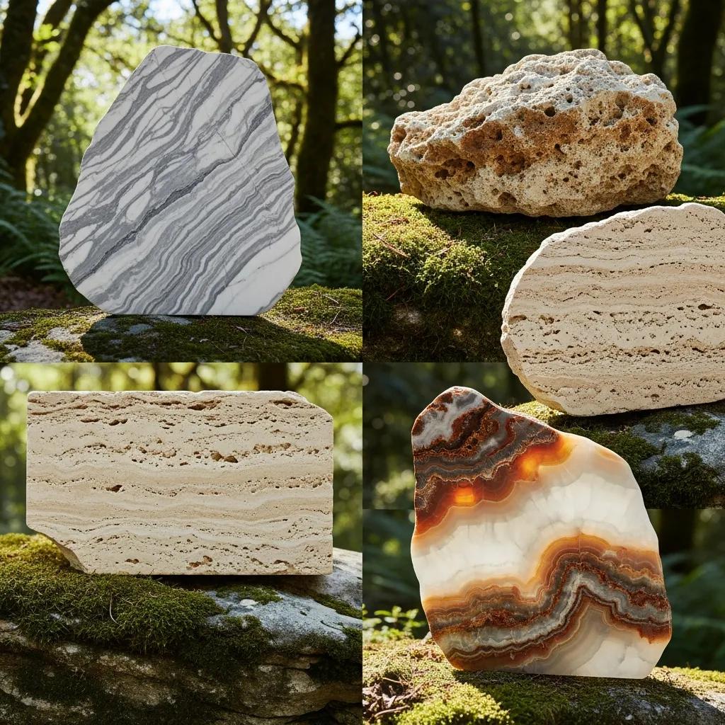 Collage of marble, limestone, travertine, and onyx showcasing their textures and colors
