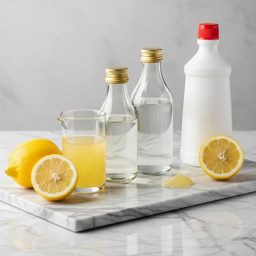 Common acidic substances like lemon juice and vinegar next to a marble surface, illustrating potential damage