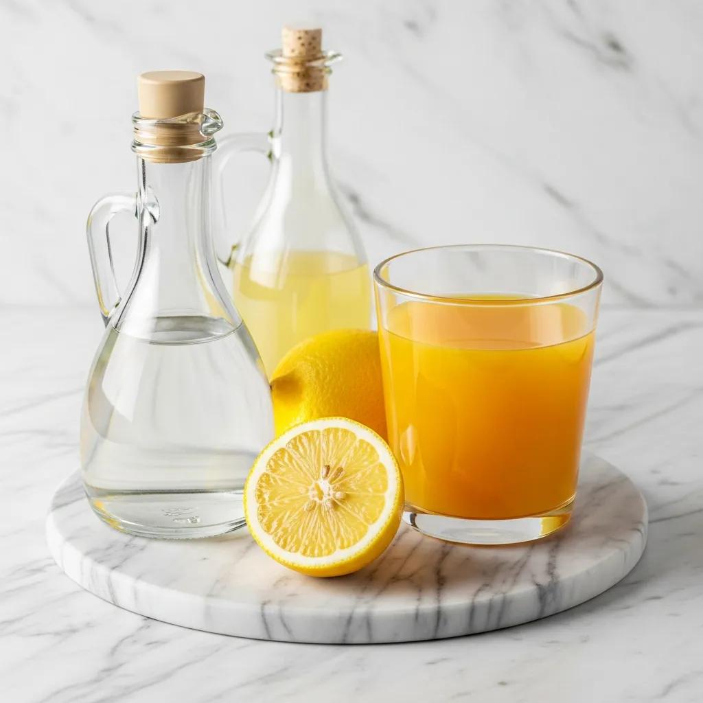 Common acidic substances like vinegar and citrus fruits on a marble surface, highlighting potential damage