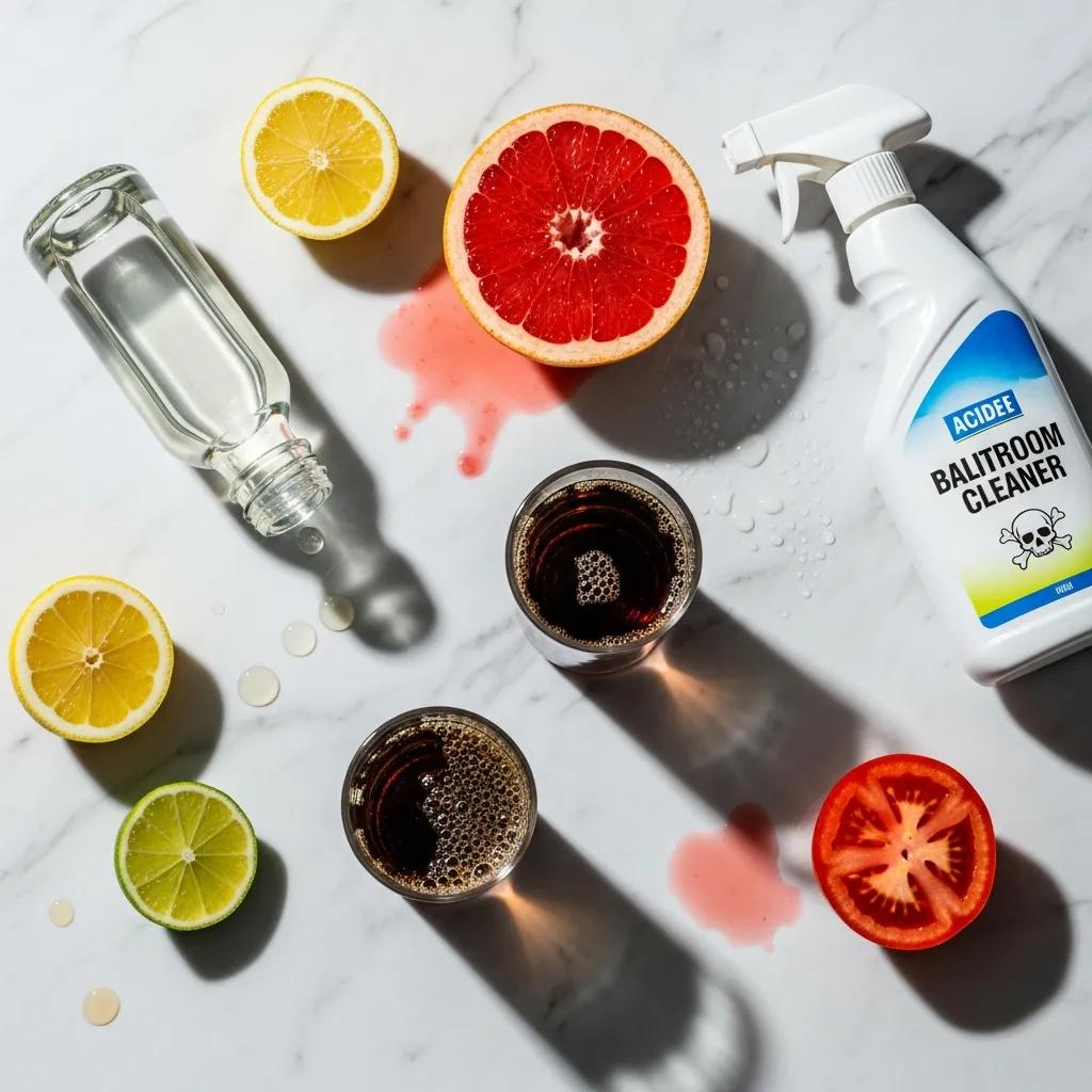 Common acidic substances like vinegar and citrus fruits on a marble surface, illustrating risks of etching