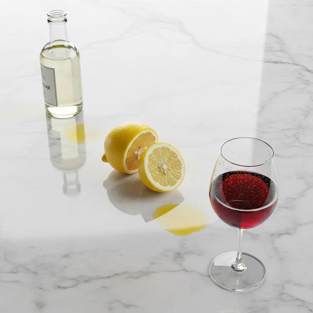 Common acidic substances like vinegar, lemon, and wine on a marble countertop