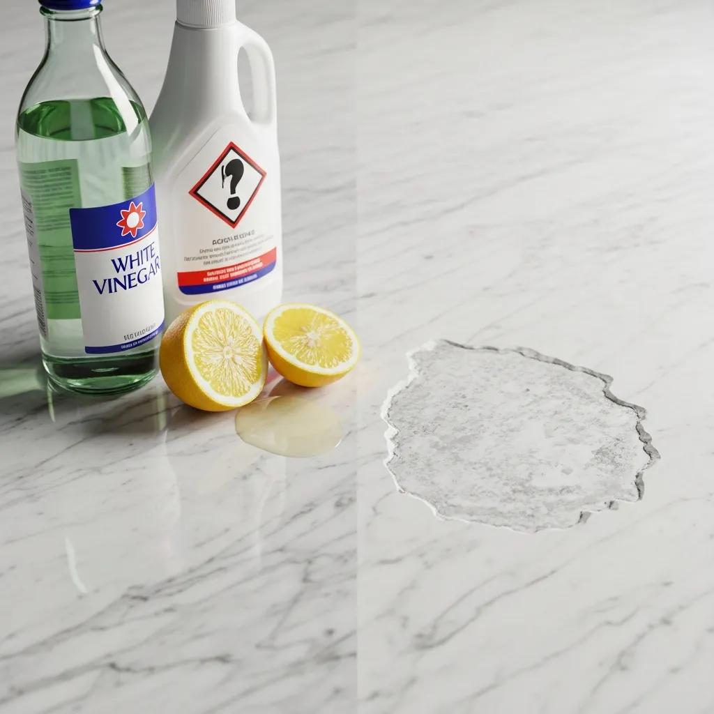 Common acidic substances next to a marble surface showing signs of etching