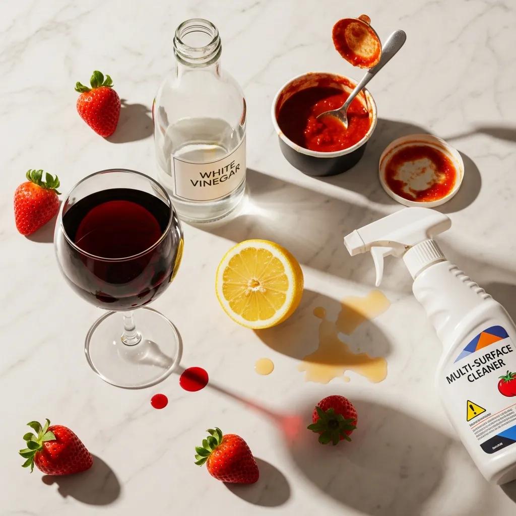 Common household items like red wine, lemon, and vinegar on a marble surface, highlighting risks of etching