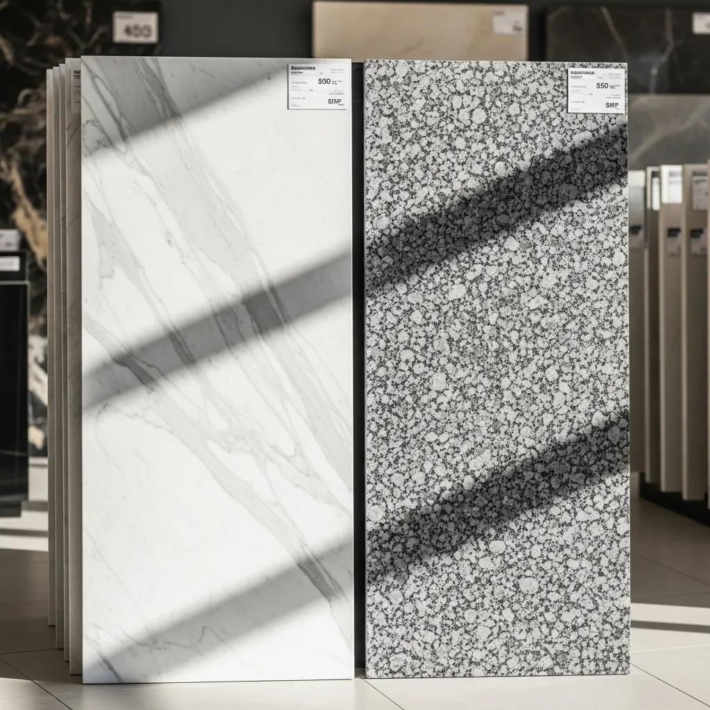 Comparison of marble and granite slabs in a showroom highlighting cost considerations