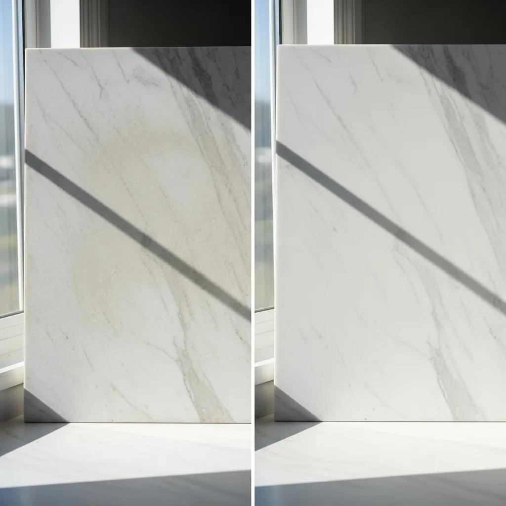 Comparison of sealed and unsealed marble surfaces demonstrating anti-etch sealing benefits