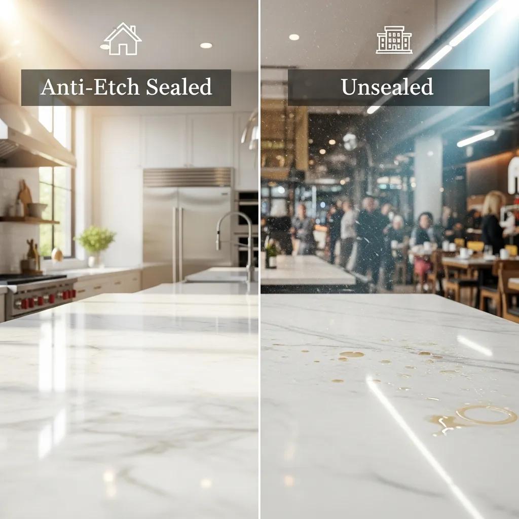 Comparison of sealed vs unsealed marble surfaces showcasing anti-etch sealing advantages