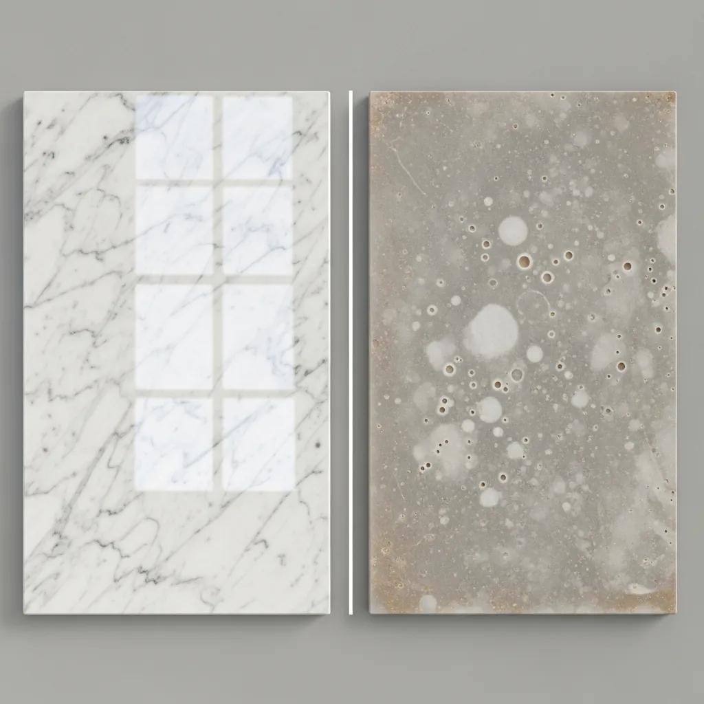 Comparison of treated and untreated marble surfaces showing anti-etch sealing benefits