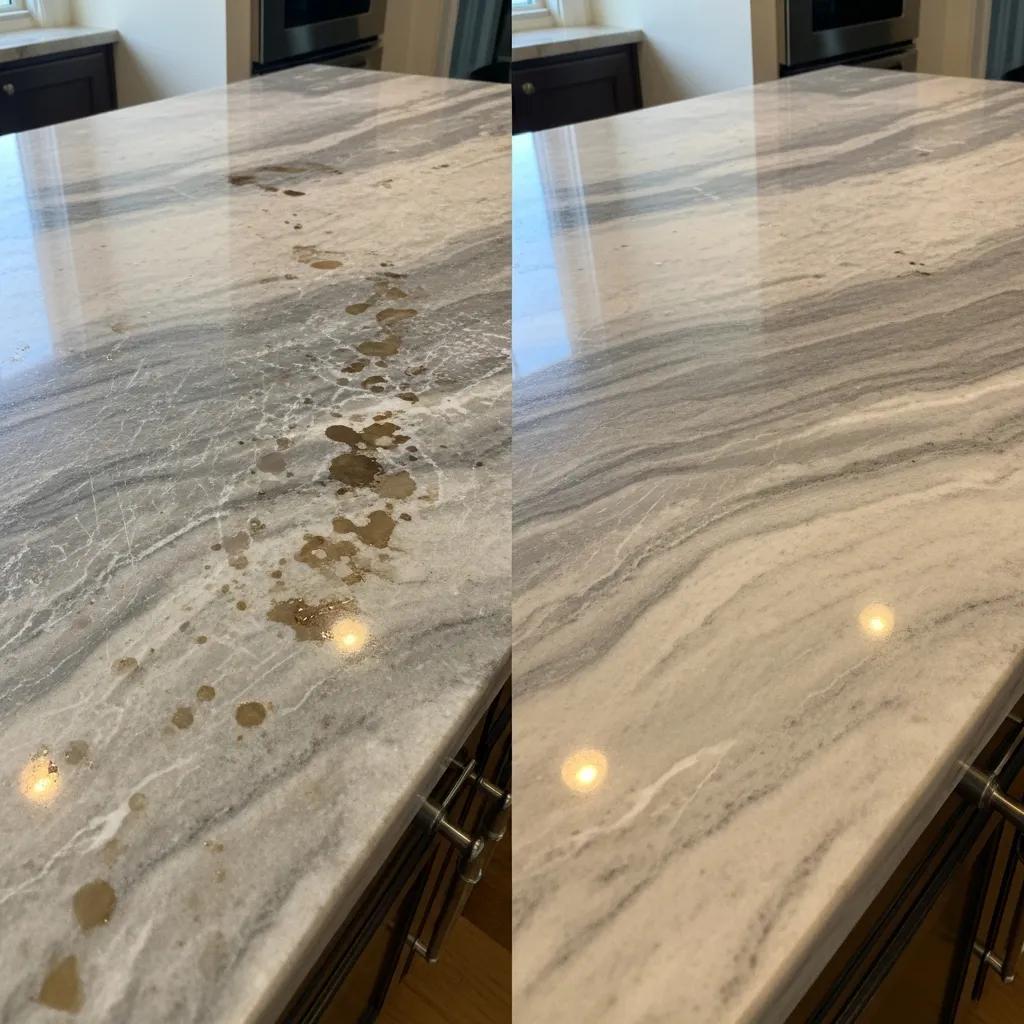 Comparison of worn-out and restored stone countertops showcasing restoration benefits
