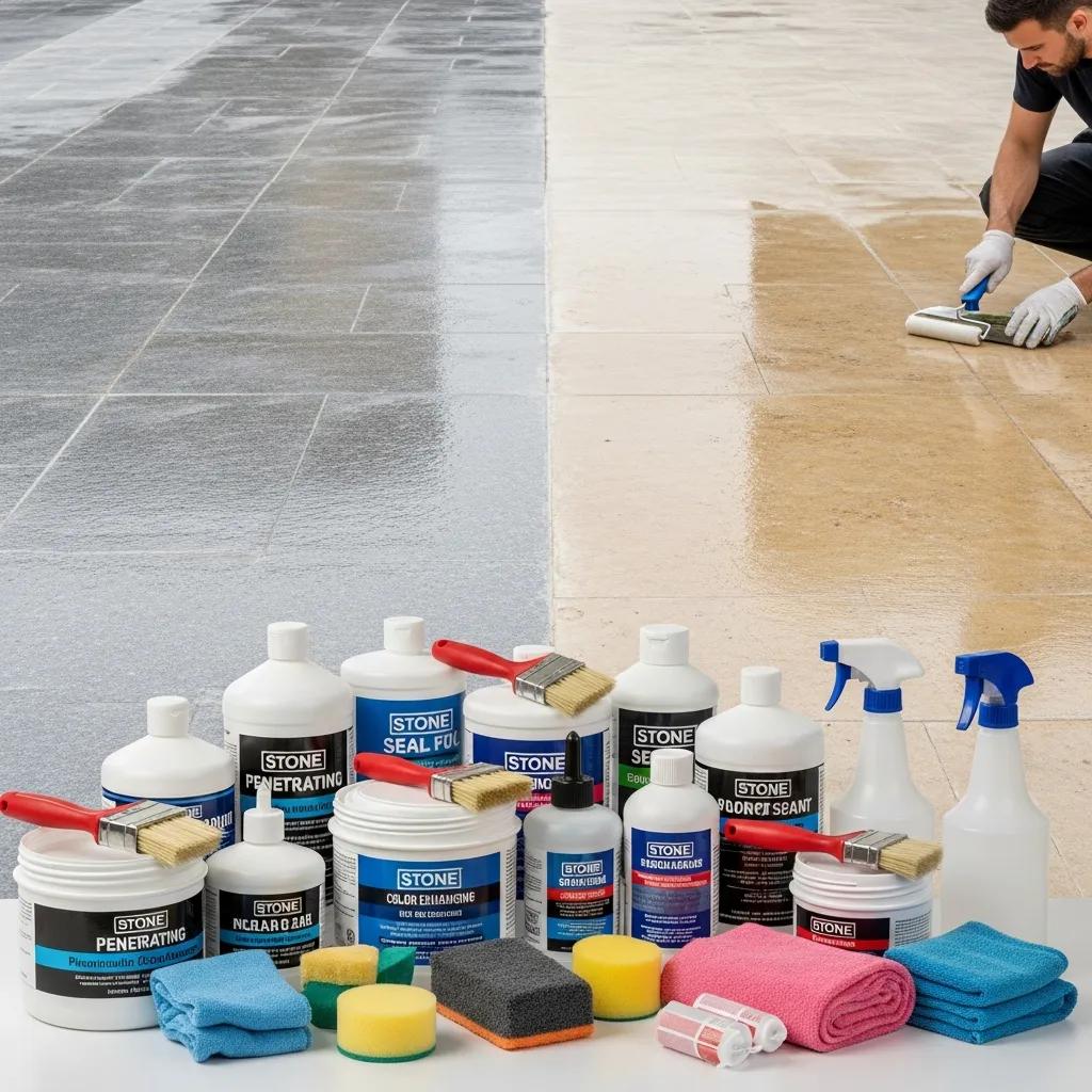 Comprehensive stone sealing process with sealants and tools used by professionals on natural stone surfaces
