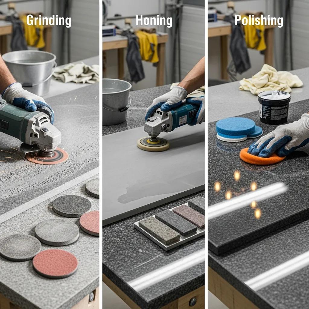 Detailed view of the stone polishing process including grinding, honing, and polishing techniques