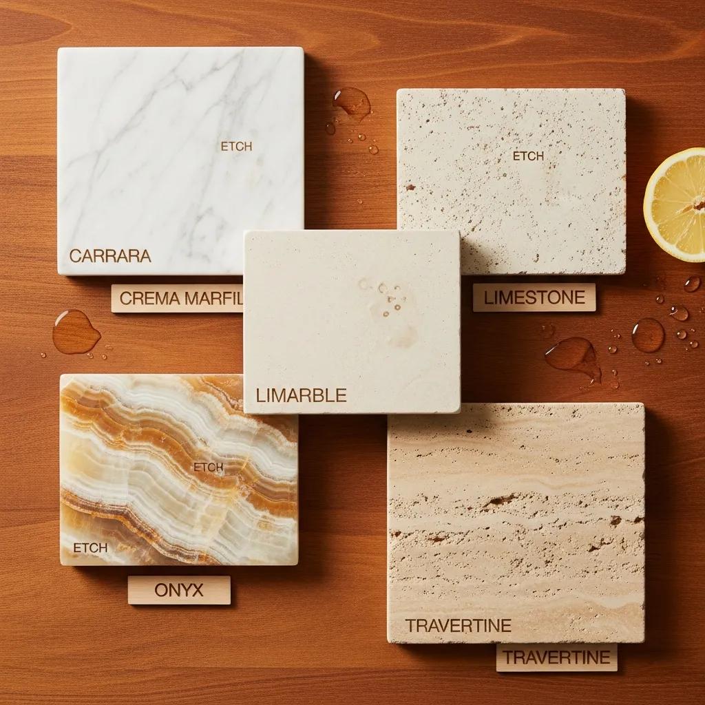Different types of natural stones: marble, limestone, onyx, and travertine, highlighting their textures and colors