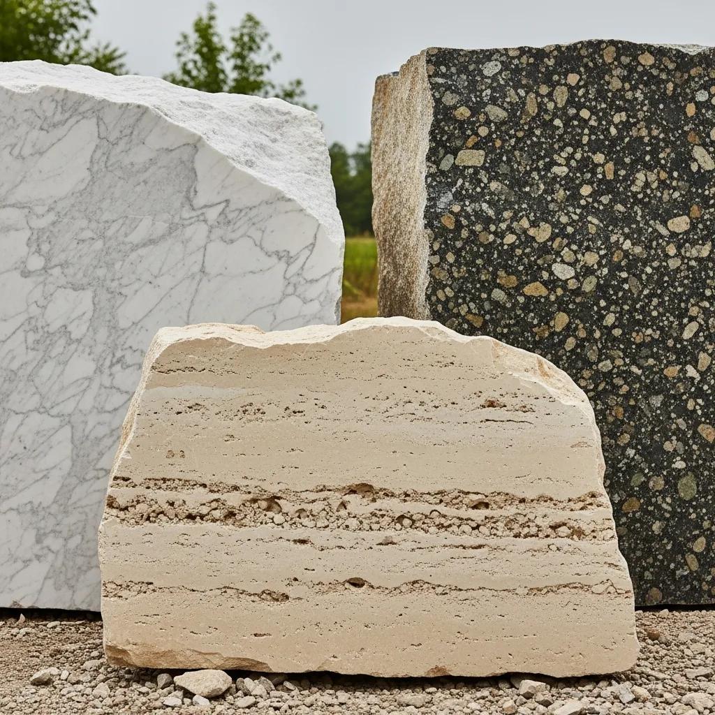 Different types of stone materials including marble, granite, and limestone, highlighting their unique characteristics