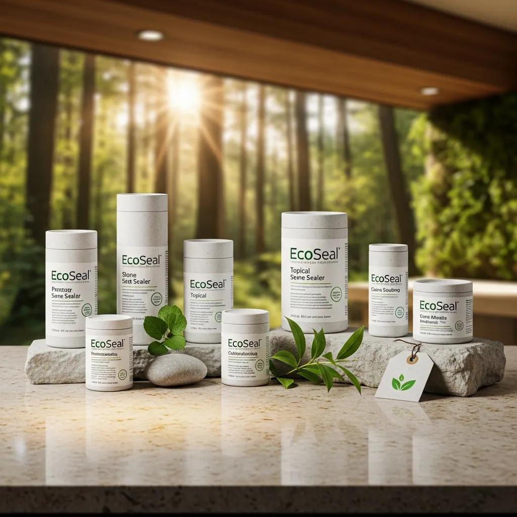 Display of premium eco-friendly sealers used for stone sealing, emphasizing sustainability