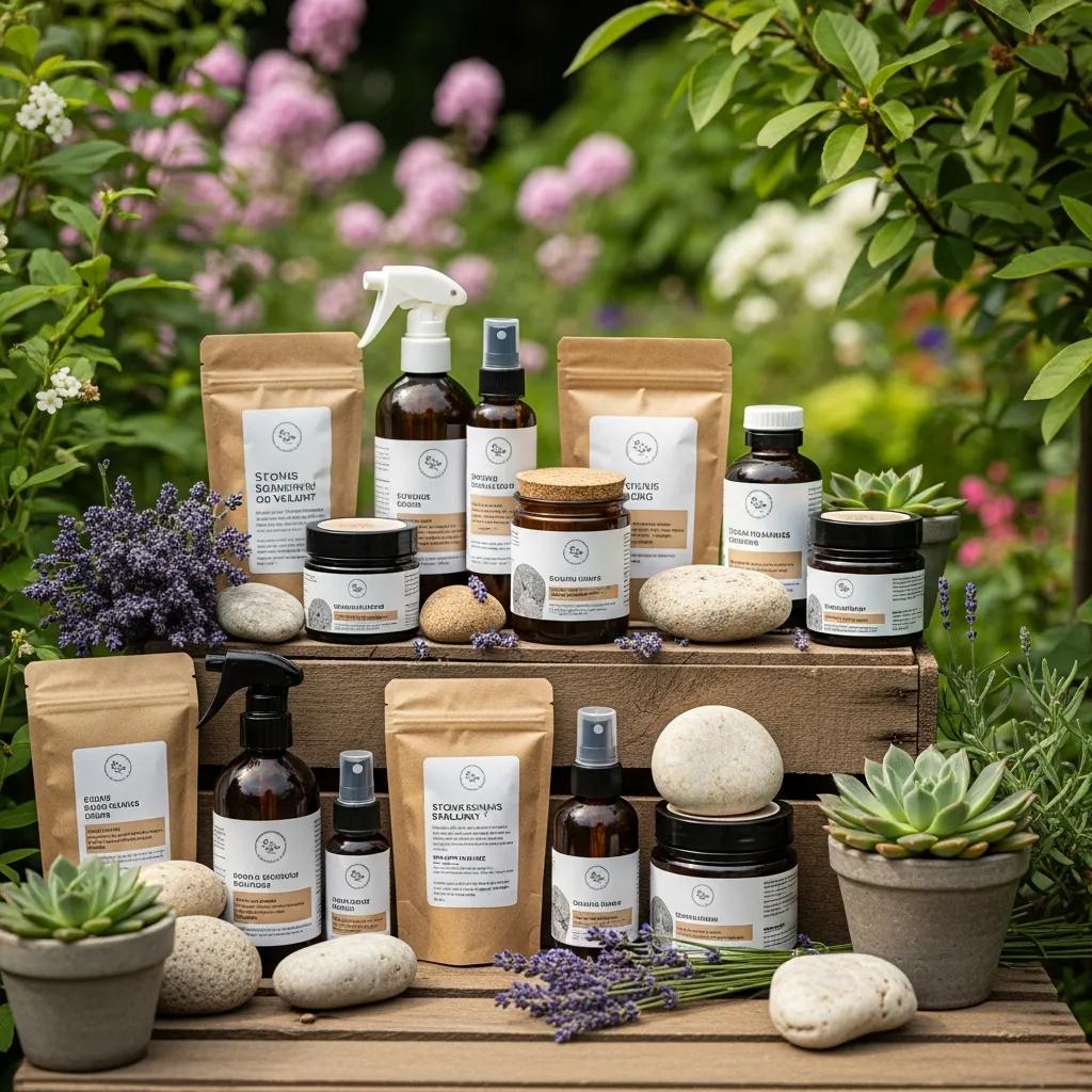 Eco-friendly stone sealing products in a natural setting, showcasing sustainable options for stone restoration