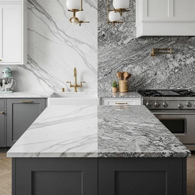 Elegant kitchen with marble and granite countertops showcasing urban design aesthetics