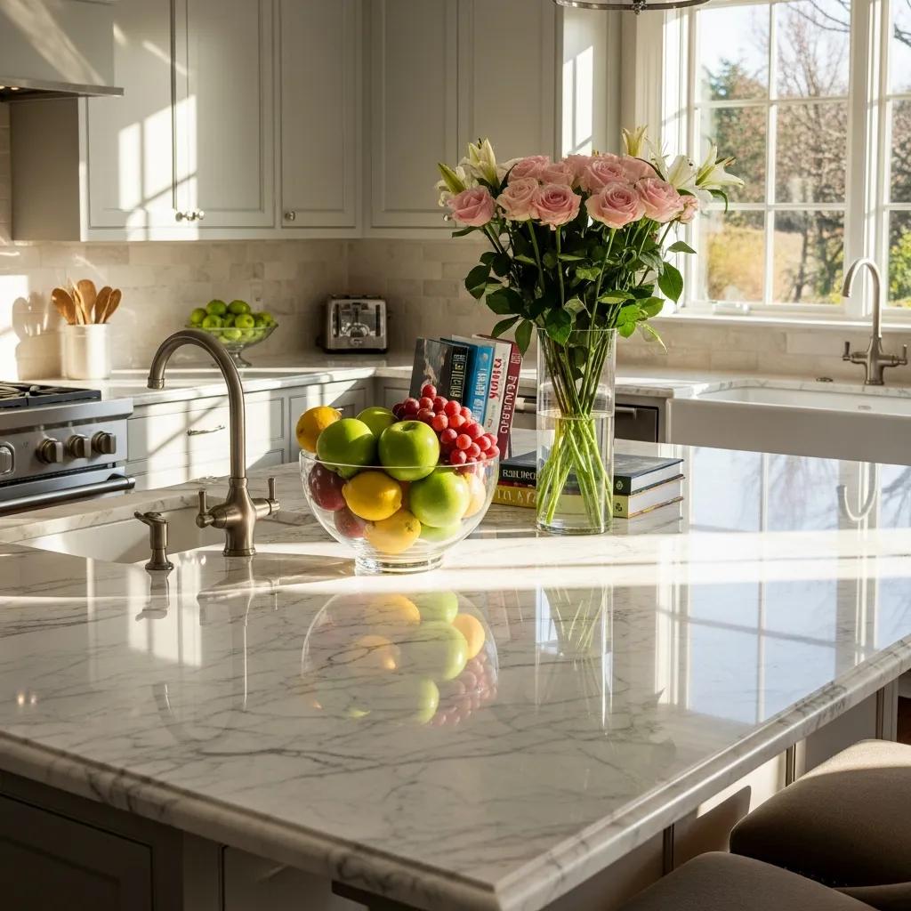 Elegant marble countertop in a kitchen, highlighting the beauty and importance of anti-etch sealing