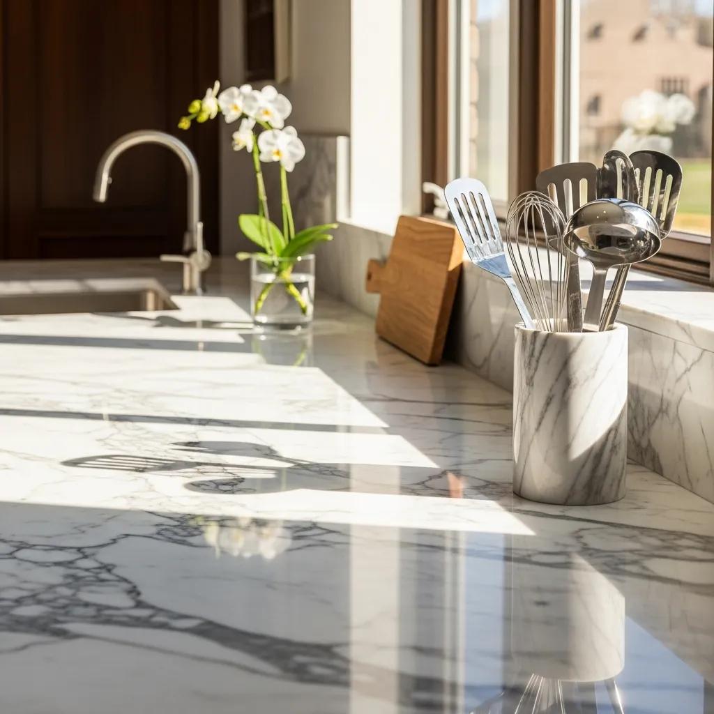 Elegant marble countertop in a luxurious kitchen, emphasizing marble care and maintenance